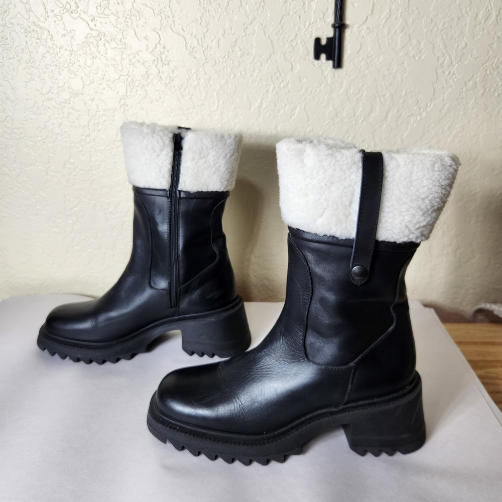 Sundance Made in Italy Black Leather Shearling Trim Lug Sole Boots Size 39